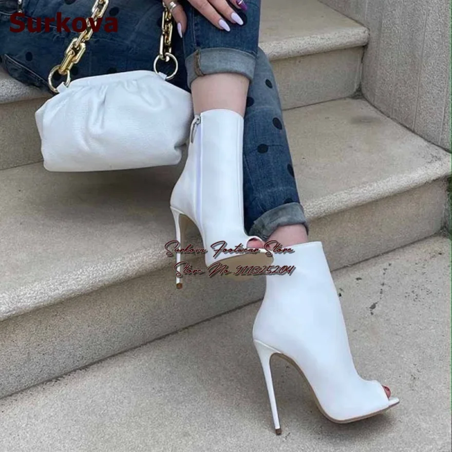 

Surkova White Matte Leather Stiletto Heels Ankle Boots Open Toe Zipped Elegant Short Booties Sky High Heel Dress Pumps