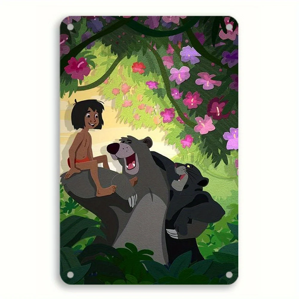 قطعة واحدة من لافتة ديزني دونالد داك ميكي بلوتو مقاس 8 × 12 بوصة من القصدير المعدني - لوحة فنية جدارية لمشهد الغابة العتيق مع الصبي والدب، غرفة نابضة بالحياة ديسمبر #1