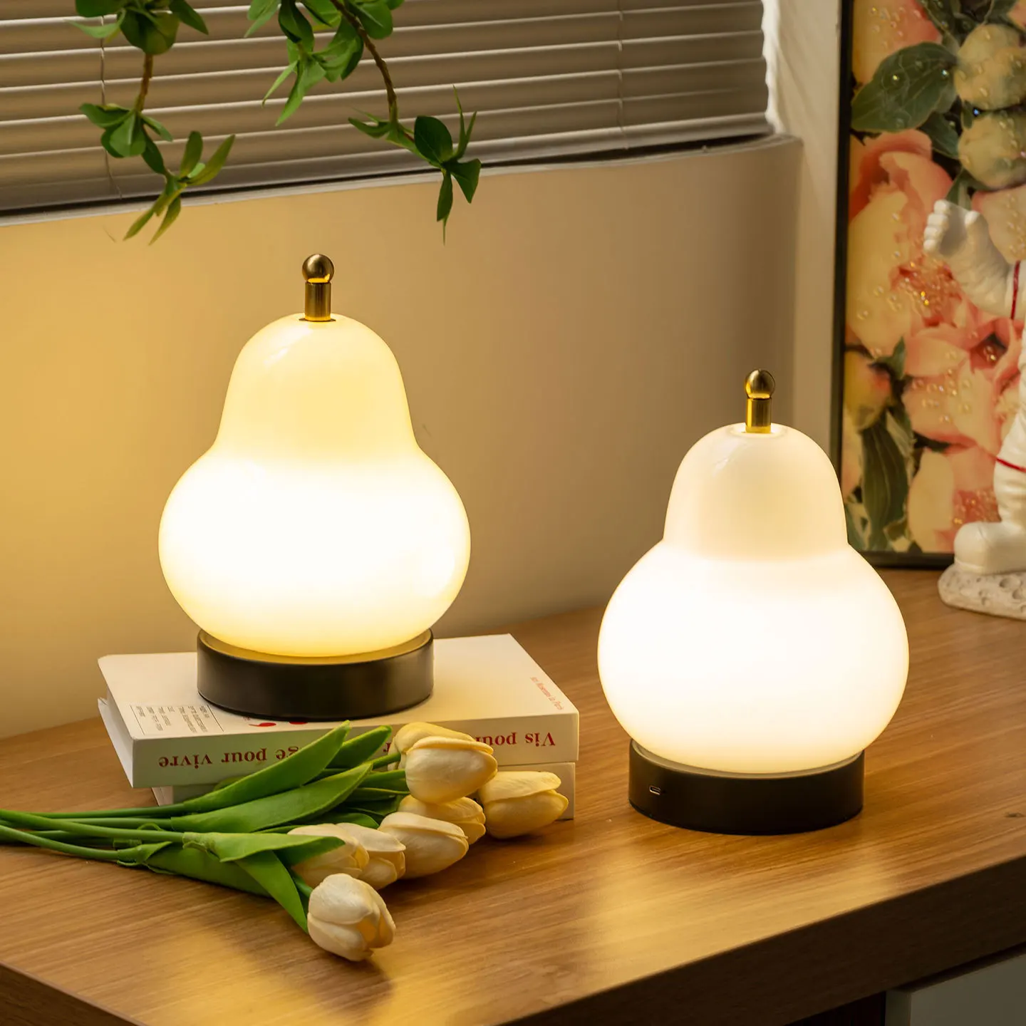 

French cream glass pear light simple living room bedroom bedside atmosphere decoration charging touch night light