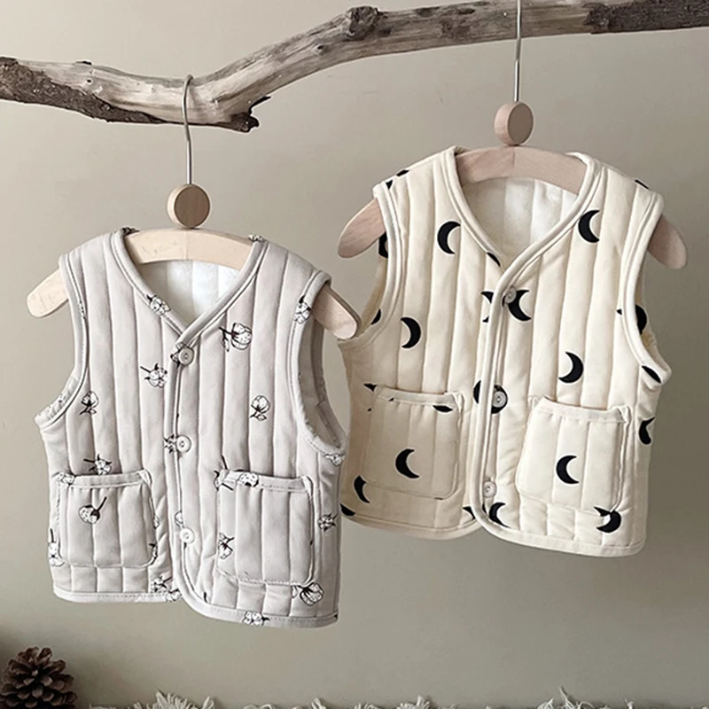 Winter Kids Baby Boys Girls Sleeveless Thickening Printing Warm Cotton-padded Clothes New Baby Girls Boys Children Clothes Coat