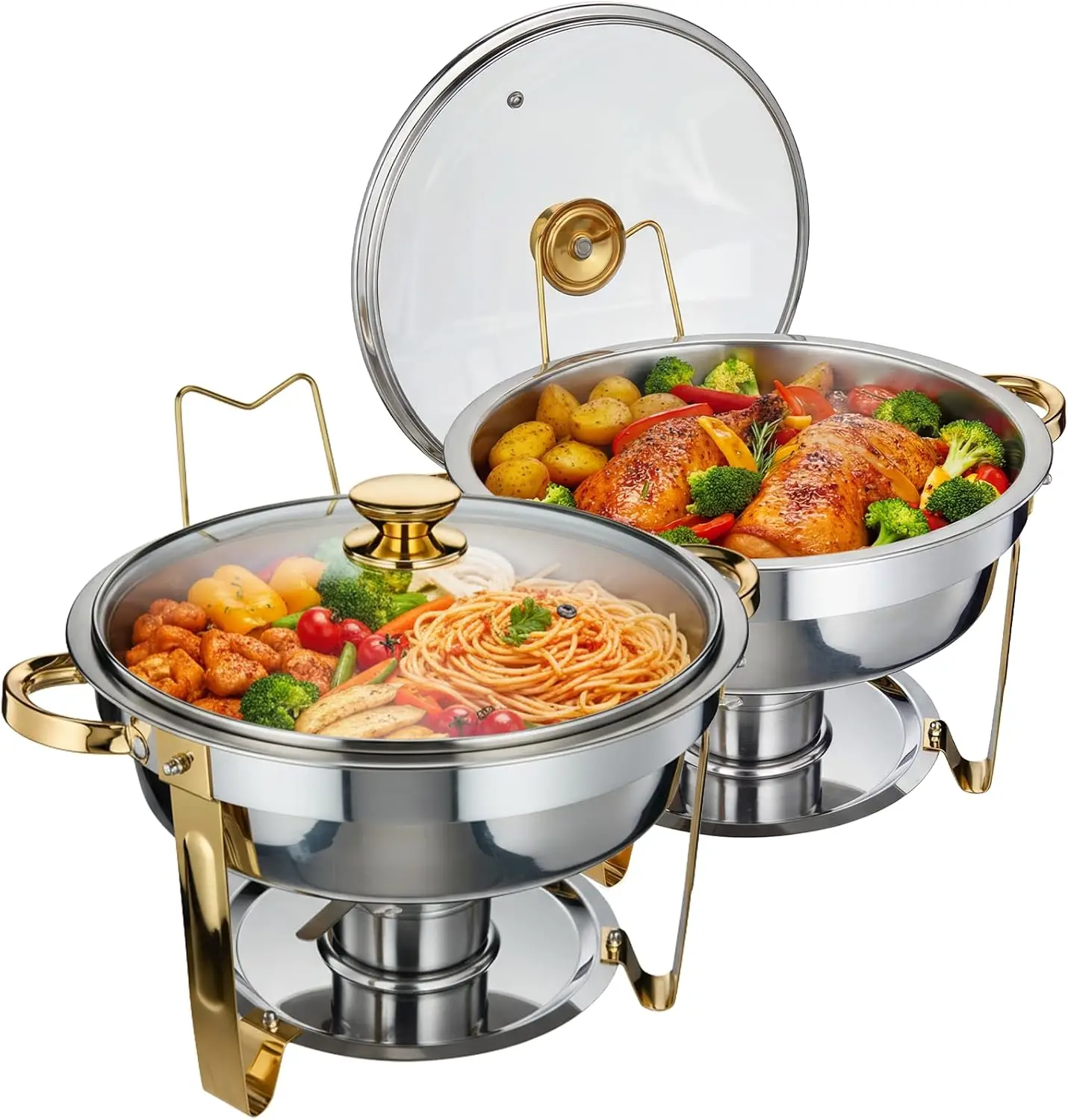 Tacleekii 2 4 Pack Chafing Dishes for Buffet 5QT Stainless Steel Food Warmer Set with Chafer Fuel Holders Round Gold Chafing Dish Set for Catering Party Wedding Buffet Large Occasion