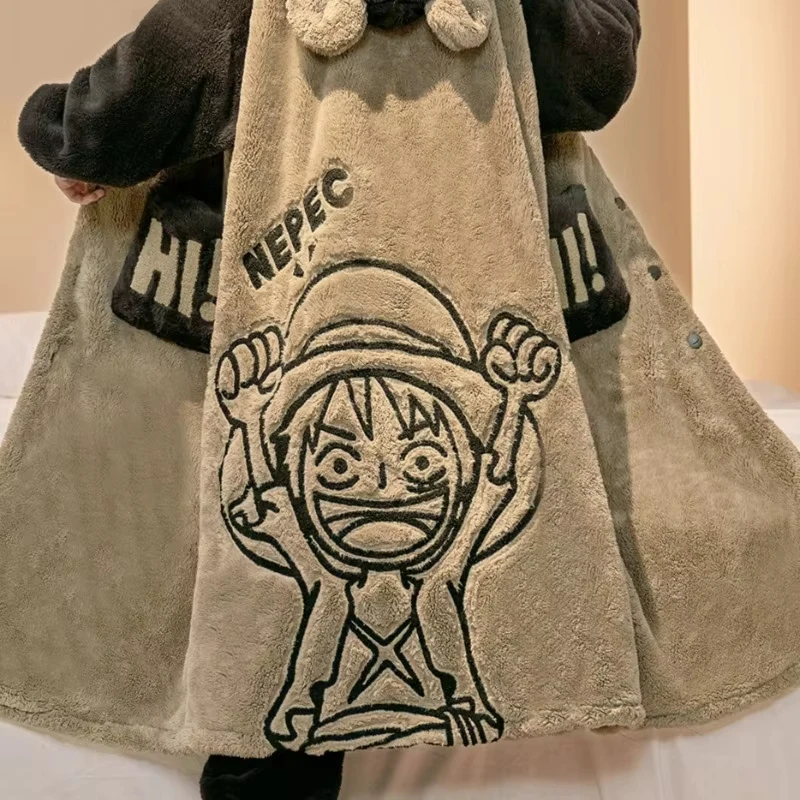 One Piece Luffy Bathrobe Anime Winter Men Coral Fleece Long Style Thicken Robe Pants Set Cartoon Hooded Home Loungewear Pajamas view 5