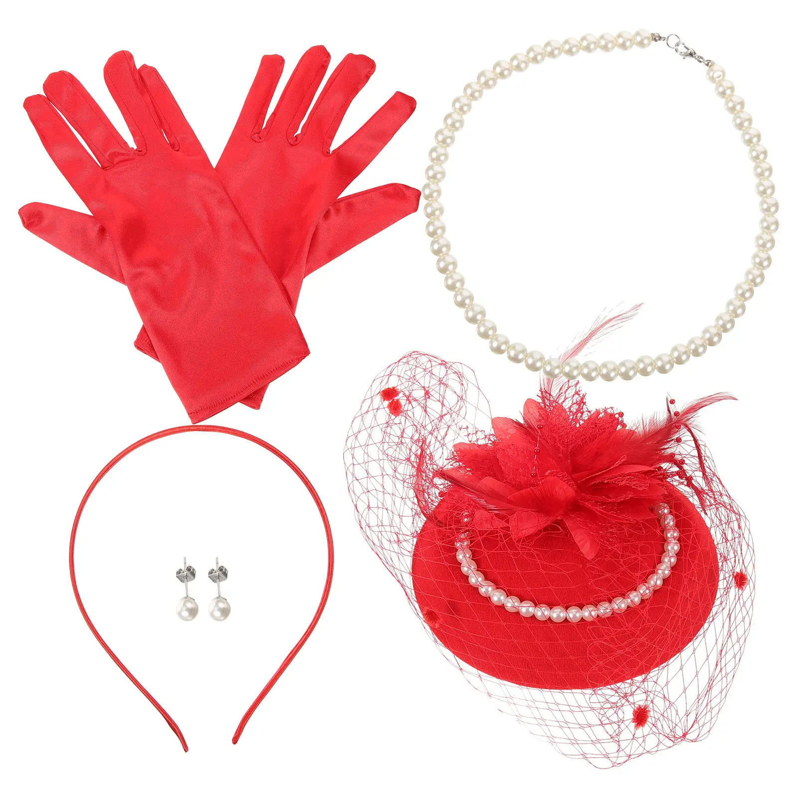 

1Set Elegant Fascinator Hat and Pearl Earring Necklace Set Lace Embellished Gloves for Women Cocktail Party Bridal Shower Formal