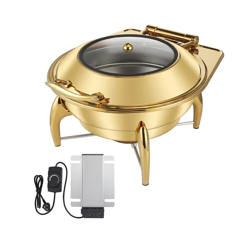 Electric Buffet Chafing Dish Food Warmer Round 6.5L Gold color Hydraulic Chafing dish with visible Glass Lid dubai