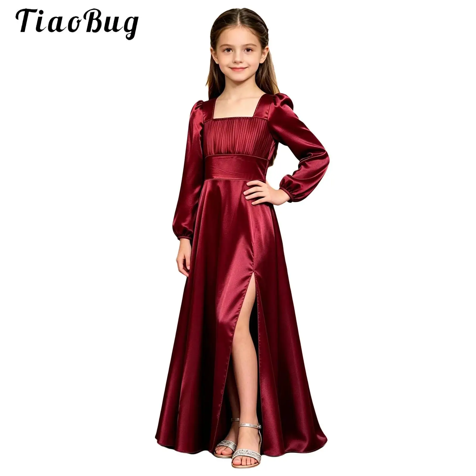 Elegant Girls Split Wedding Party Dress Children Puff Sleeves Pleated Bodice Satin Dress Bridesmaid Formal Birthday Evening Gown