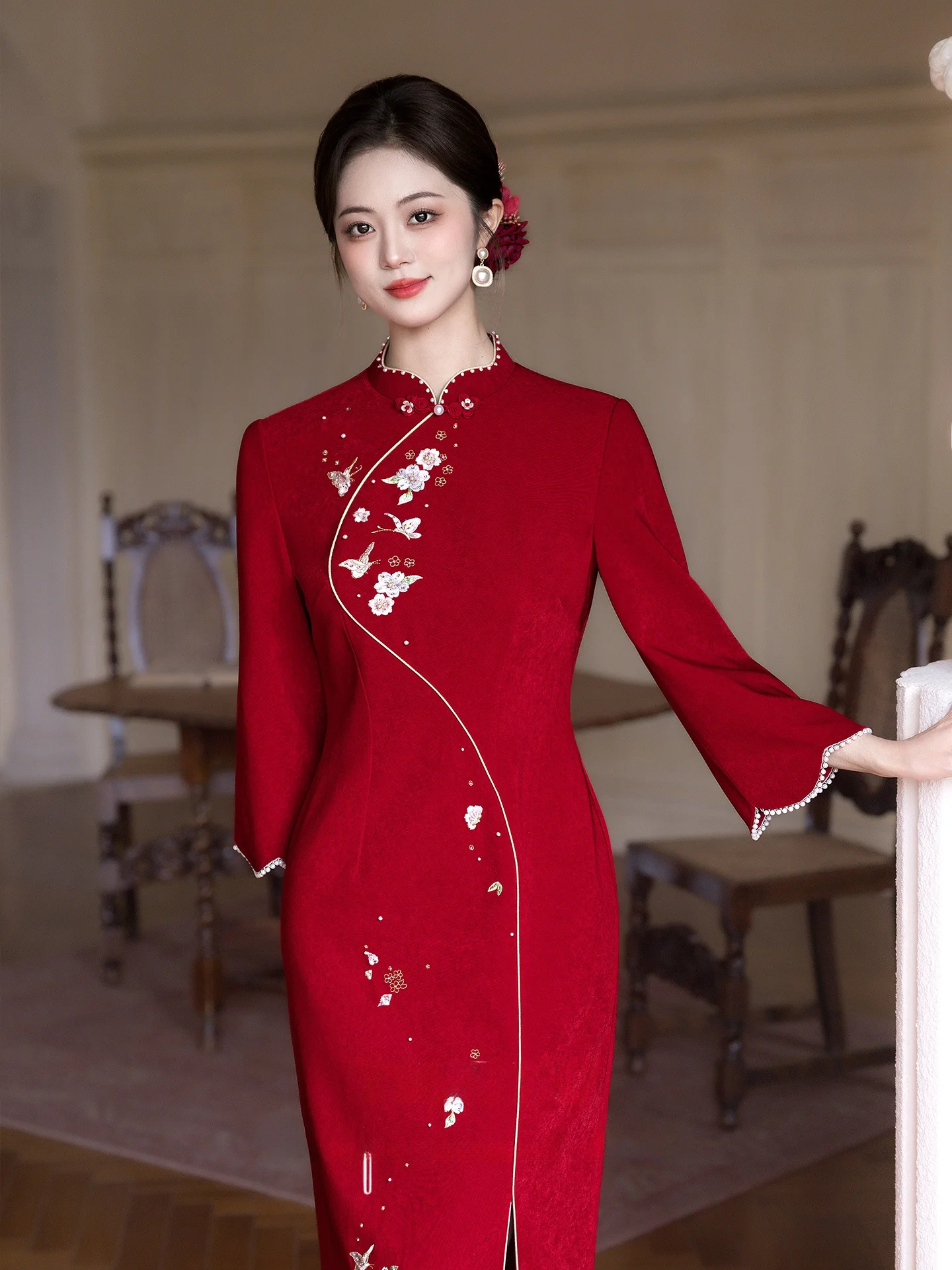 

New Chinese Sle Wedding ort Size Winter Warm Pure Color Low Slit Seven Sve Flag Robe for Bridesmaid Dres