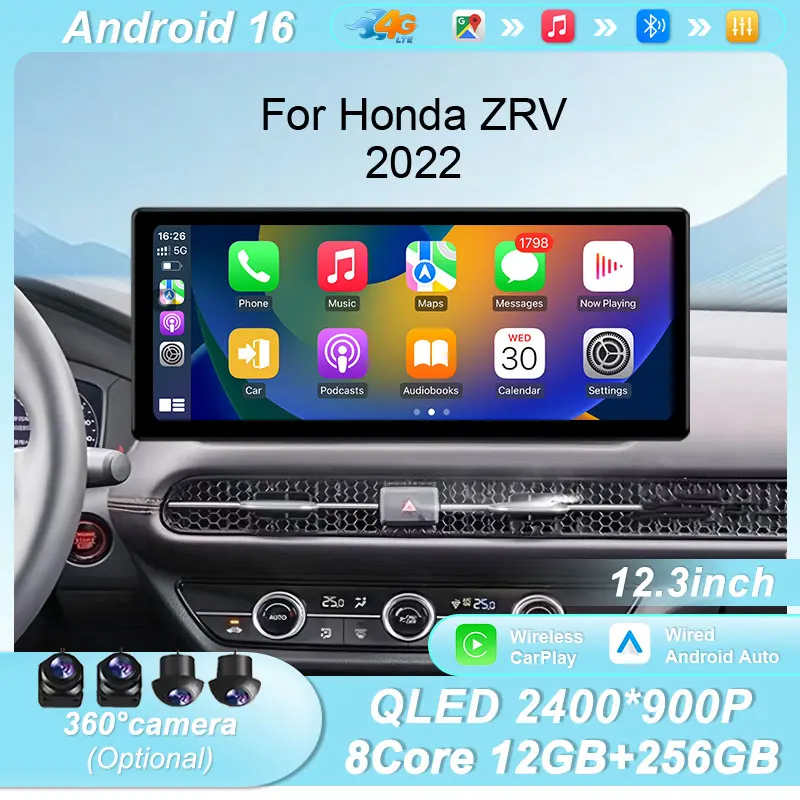 Wireless CarPlay Android 16 12.3 Inch Car Stereo for Honda ZRV 2022 GPS Bluetooth WiFi DSP IPS HD Touch Screen Multimedia Player