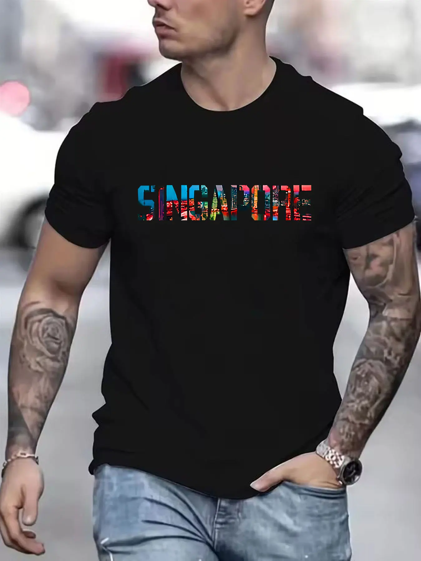 

The Black T-shirt Has The Word 'Singapore' Printed On It, with Bright Colors On It.Print T-shirt 100% Cotton, Casual Comfort