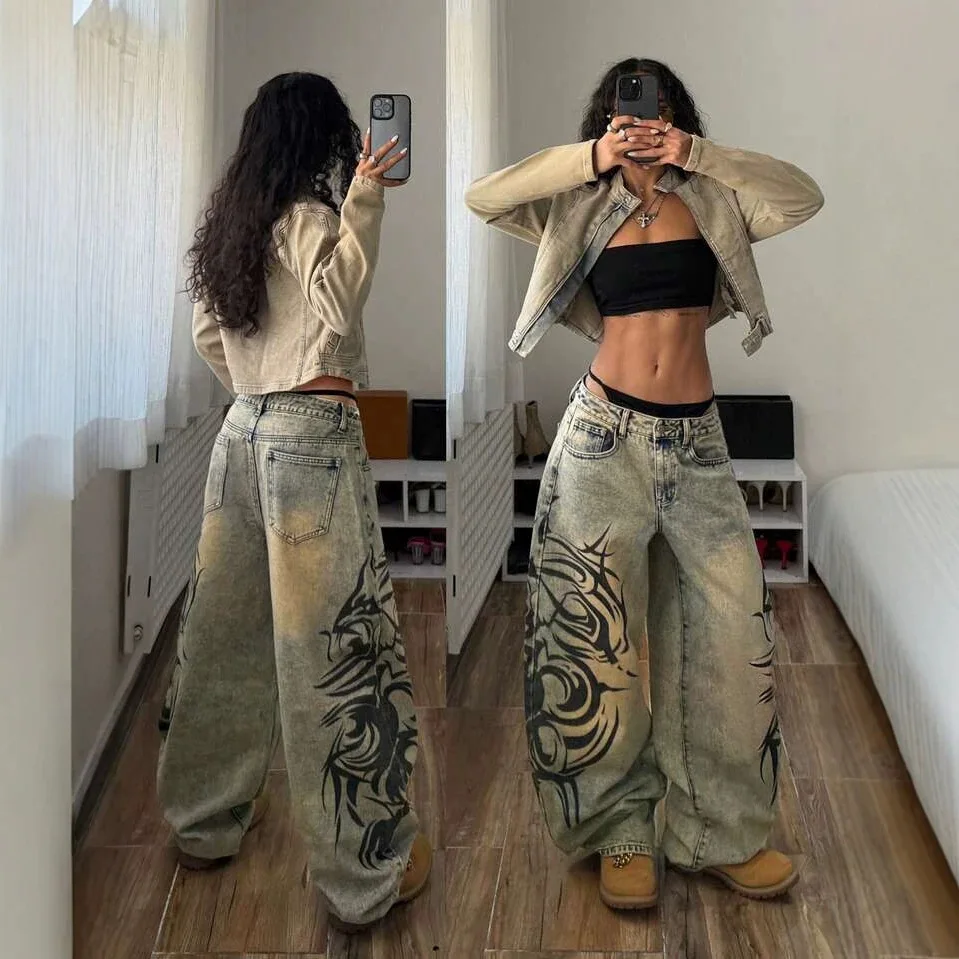 Graphic Swirl Print Jeans Women Vintage Washed Straight Blue Denim Pants Loose Fit Streetwear Casual New Chic Cozy Bottoms