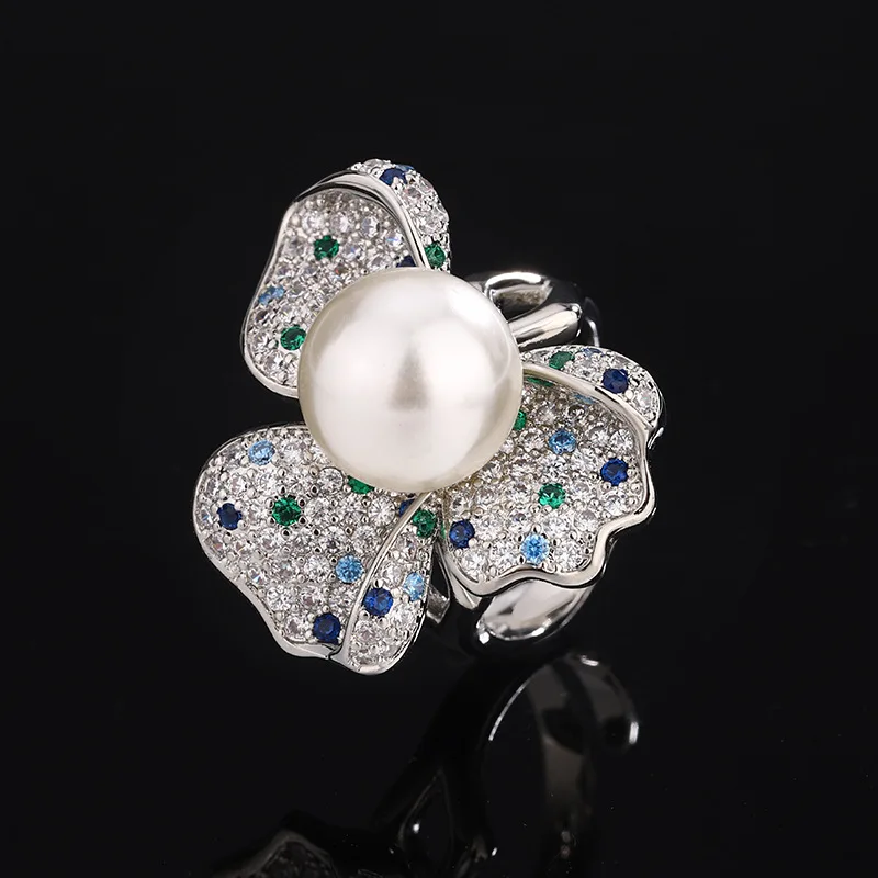 New jewelry, copper plated with platinum, new style inlaid with pearls, color-changing light luxury ring for women, 12mm