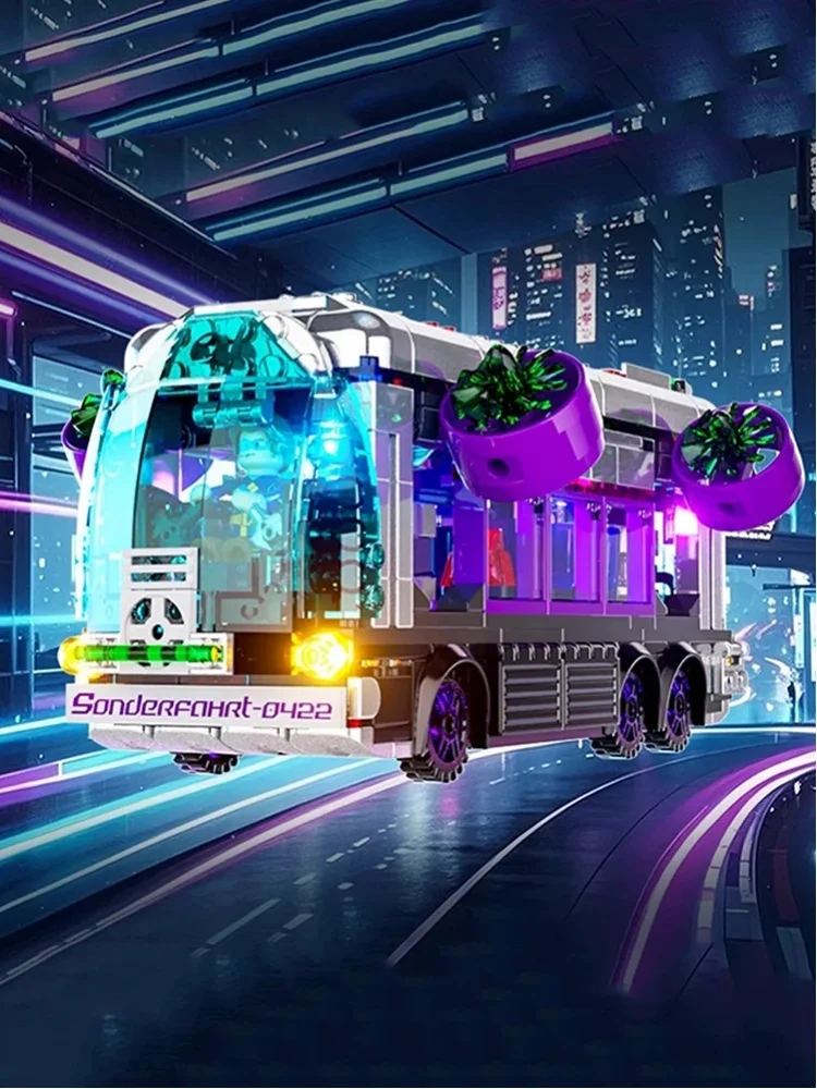 Klemmbausteine Cyberpunk Zukunftsbus mit 2 Figuren LED-Bausteine Sets Stadtansicht Apartment Laden Öffentlicher Nahverkehr Montage-Baustein-Modellbausatz Jungen Spielzeug Erwachsene Kinder Geschenk