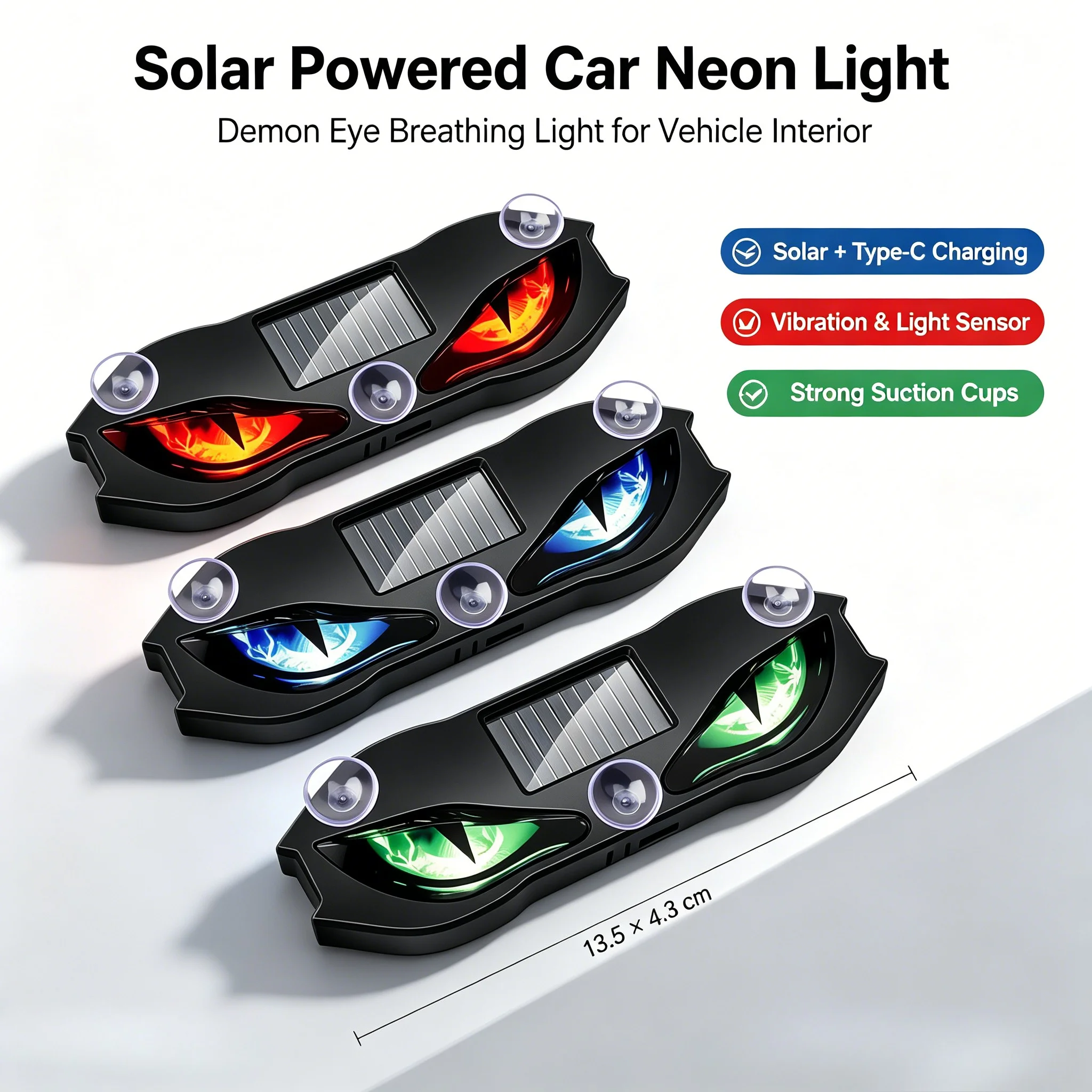 Solar Devil Eye LED Anti-Theft Warning Light With Suction Cup Light Sensing Function Car Rear Windshield Flashing Ambient Lamp