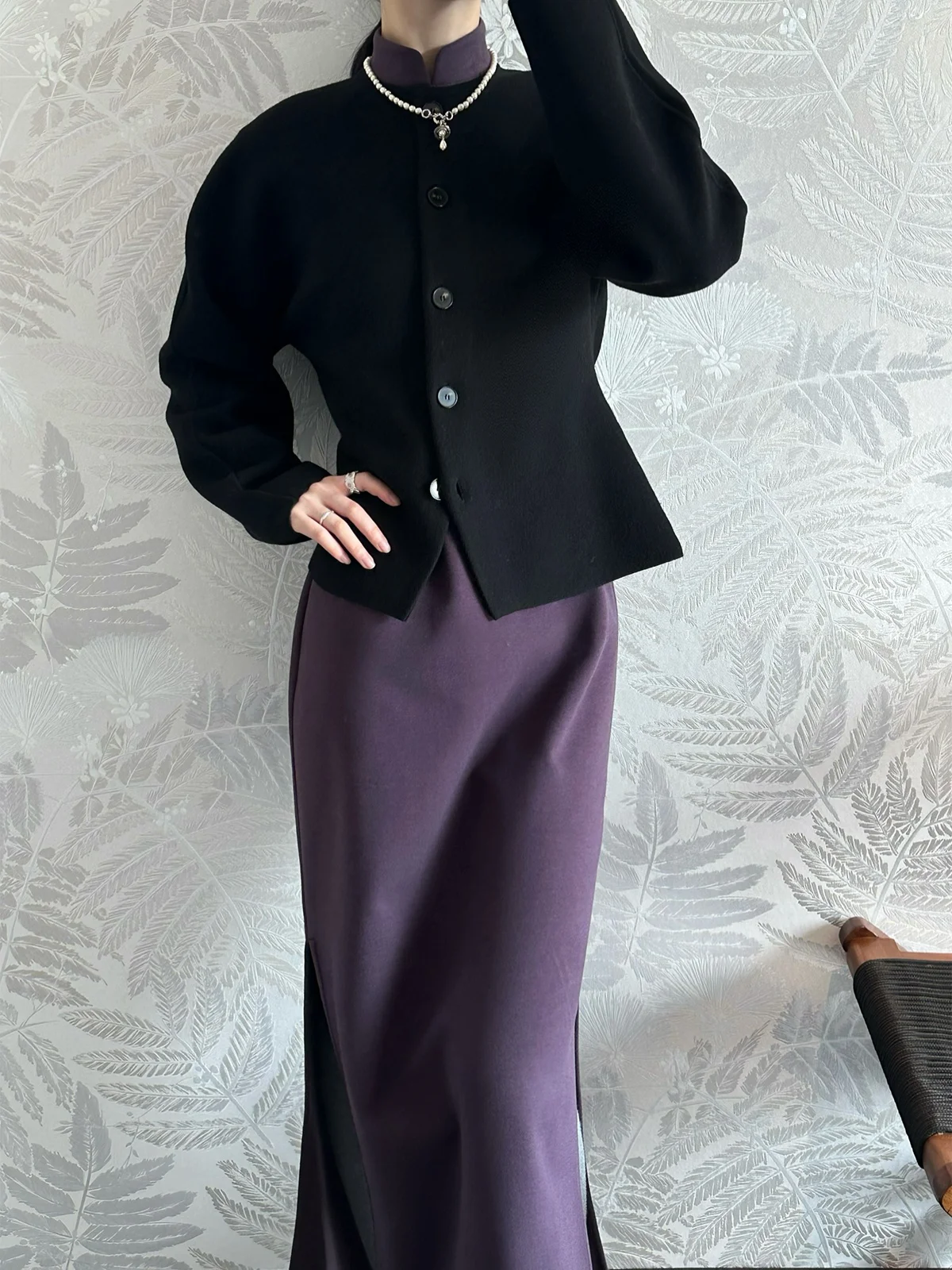 

Xu Zhi Xing Purple Qi Pao Dr Anti-Wrinkle Thi Long Sve Flag Robe Skirt Sle Retro Teenage Feel Winter Faion Dr