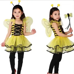 Yellow Bee Costume Dress Wing Magic Wand Headband Accessories Set for Girls Kids Carnival Dress Up Cosplay Birthday