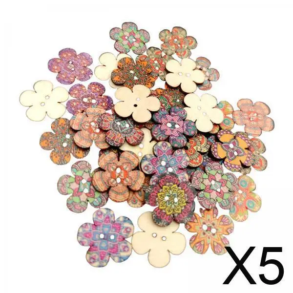 5x100pcs Mixed Random Flower Painting Wooden Retro Buttons Assorted Color 1