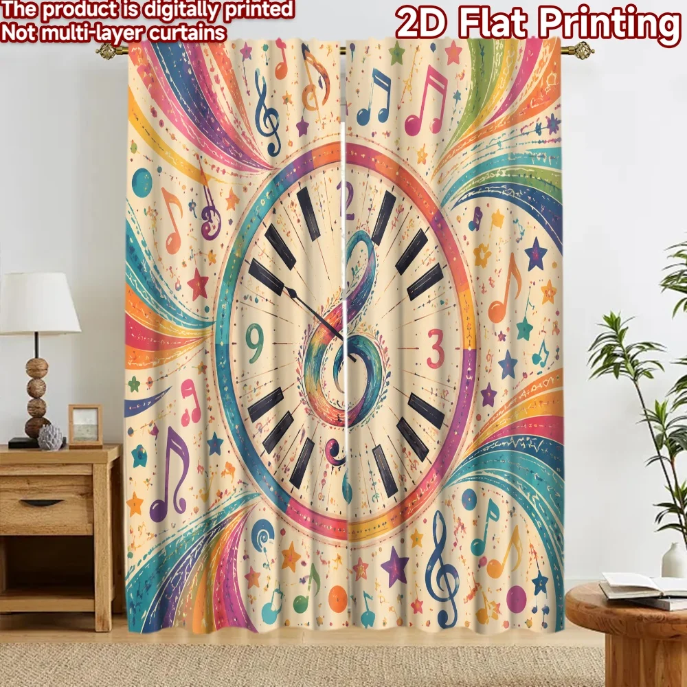2D flat 2pcs Curtain Home Short Curtains Colorful Musical Clock Digitally printed polyester, colorfast Festive Wall Decor