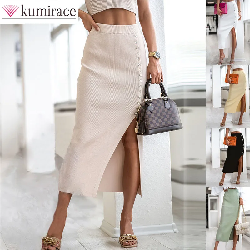 

2025 Women's Spring and Summer New Button Slit Temperament Pit Stripe Ribbed Skirt Skirts for Women Girls Mini Skirt Black Skirt