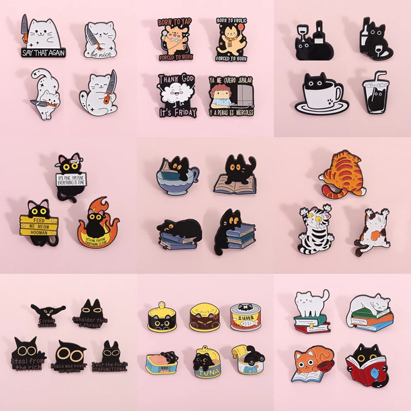 

2-6pcs/set Cartoon Cat Eaneml Pins Big Black Cats Reading Book Kitten Animal Brooches Lapel Badge Jewelry Gifts for Kids Friends