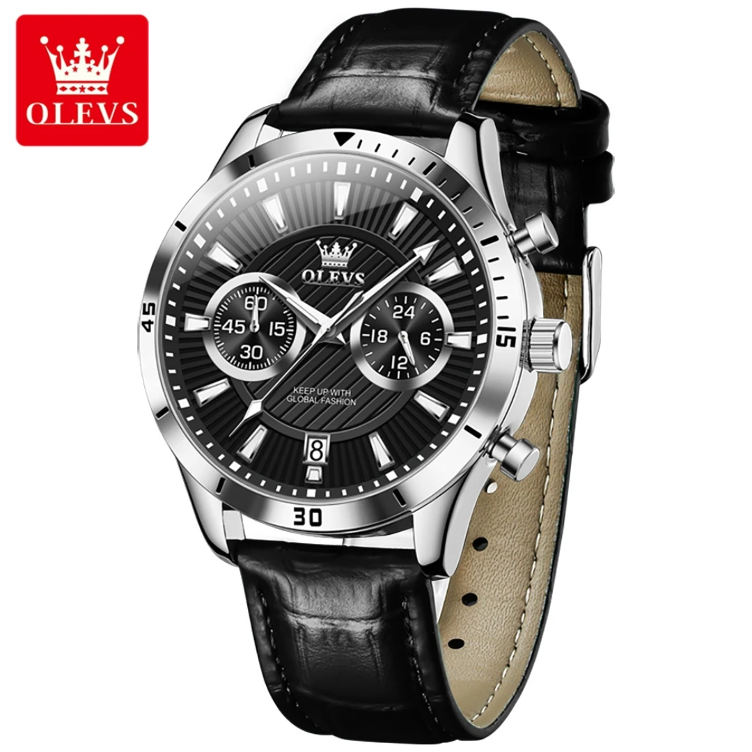 

OLEVS 2921 Fashion Quartz Watch Gift Leather Watchband Round-dial Calendar Luminous