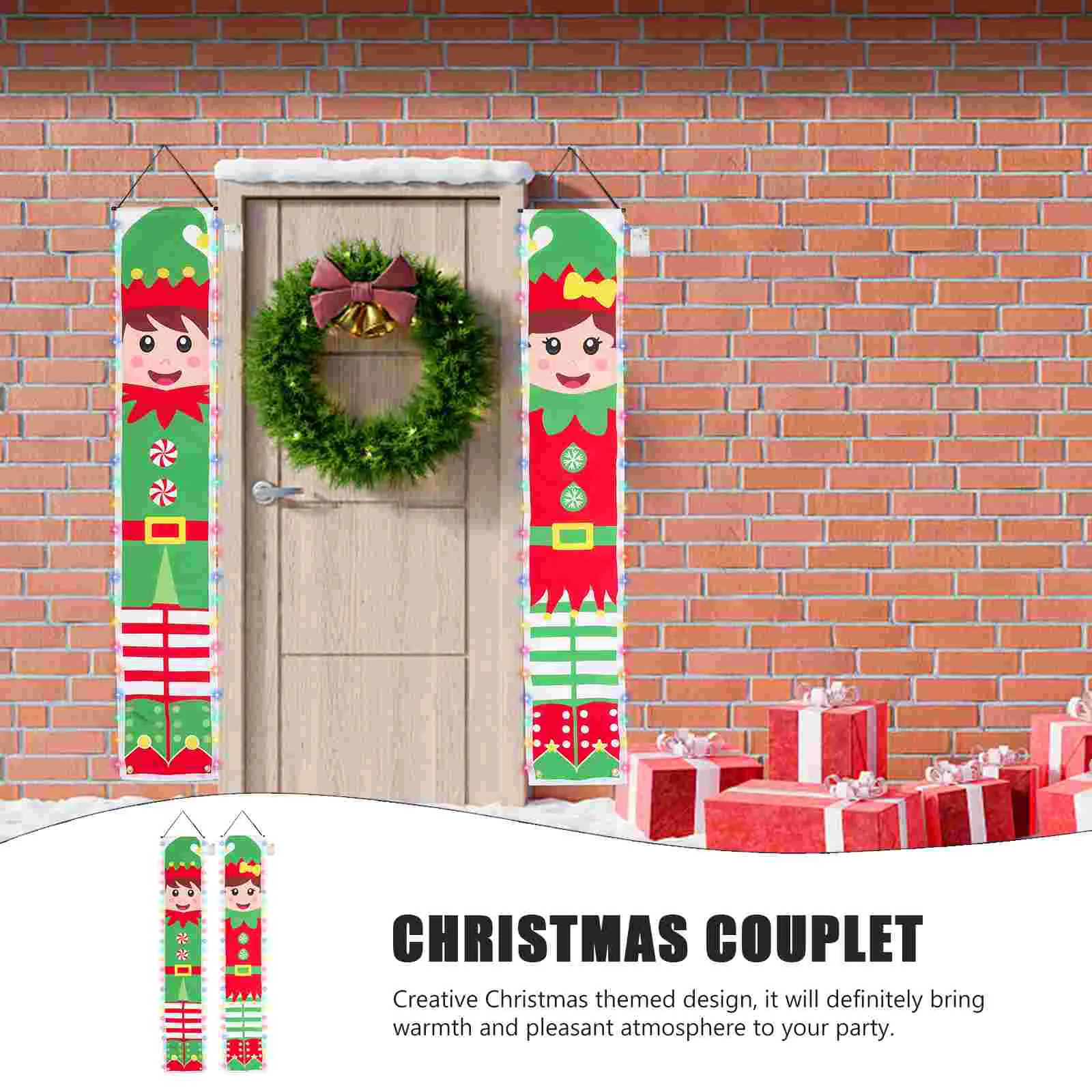 Cartel de puerta de dísticos de elfos de Navidad, cartel feliz, decoración de patio de porche de dibujos animados de Navidad, corona