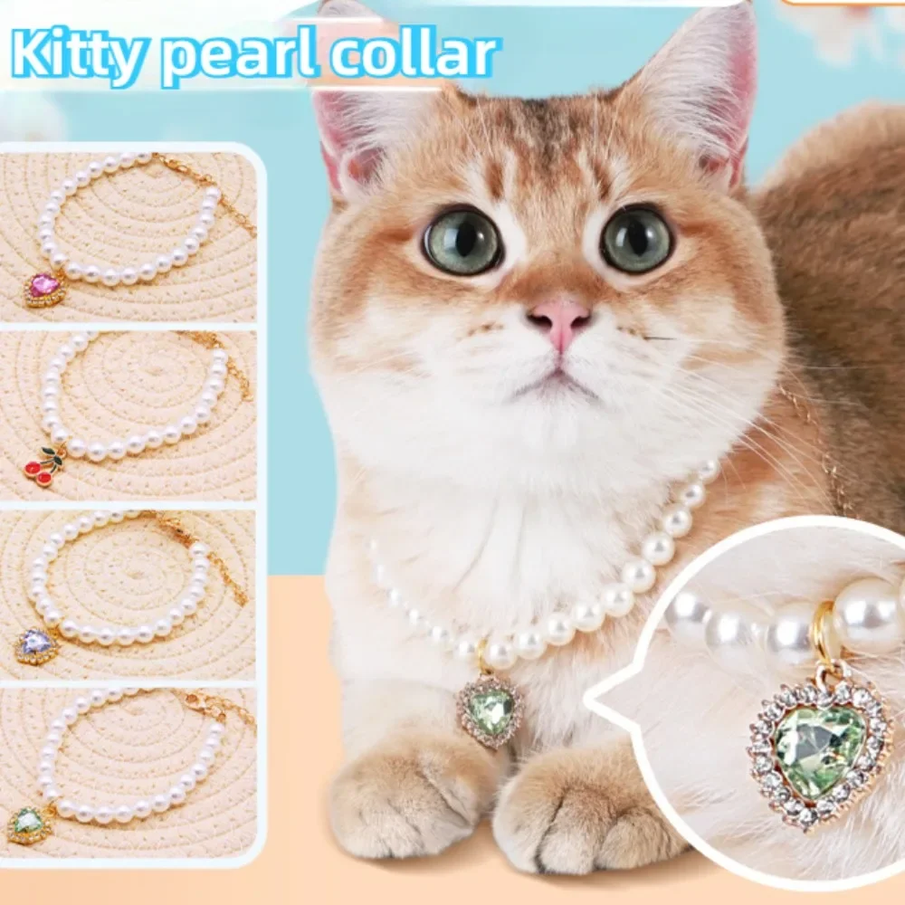 Luxury Pearl Pet Collar Pet Cat Dog Collar Love Pendant Pet Supplies Love Crystal Collar Kitten Cat Necklace