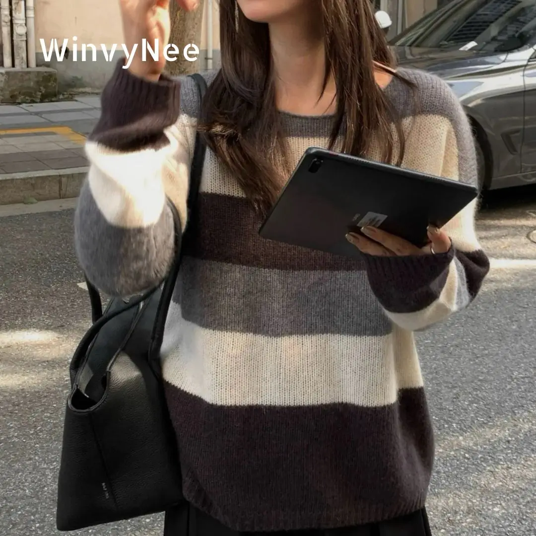 

WinvyNee Women's Wool Long Sleeve Sweaters Solid Loose O Neck Striped Casual Pullovers Tops Warm Knitwear Autumn Winter A1683007