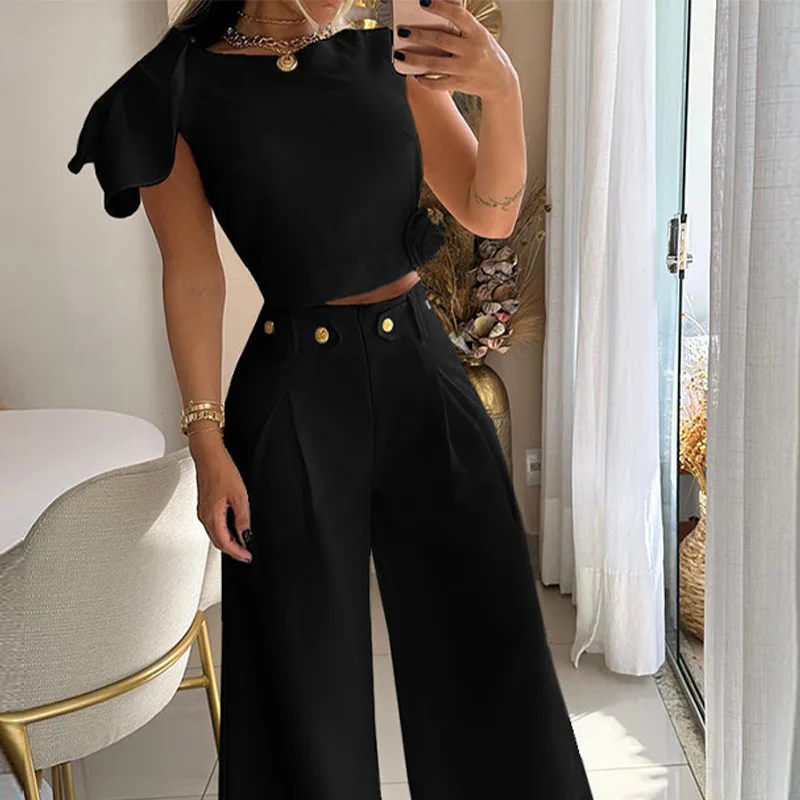 Two Piece Set Women Outfit Elegant Temperament Commuting Fashion One Shoulder Round Neck Top & High Waist Pants Set 2024 Summer