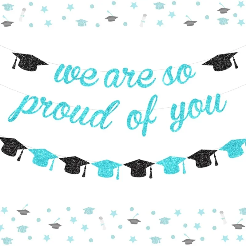 

CHEEREVEAL Teal Glitter We Are So Proud of You Graduation Banner Grad Cap Garland for College 2022 Graduation Party Decorations