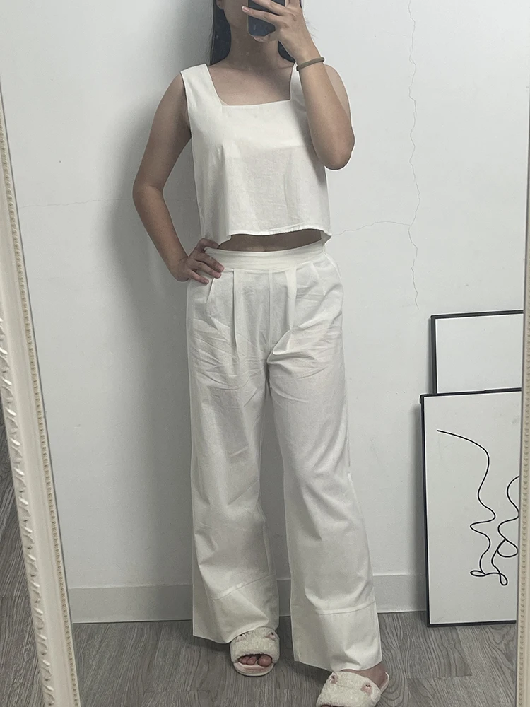 

HiLoc Home Cotton Long Pants Outfits Woman 2025 Casual White Square Collar Tank Top With Loose Trousers Two Piece Sets Women