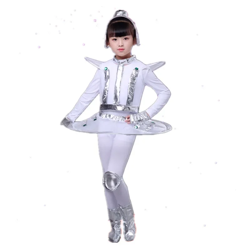 Costume da Robot per bambini bianco argento astronauta Performance Space Stage Dance Show abbigliamento abbigliamento da ballo Unisex ragazzo o ragazza