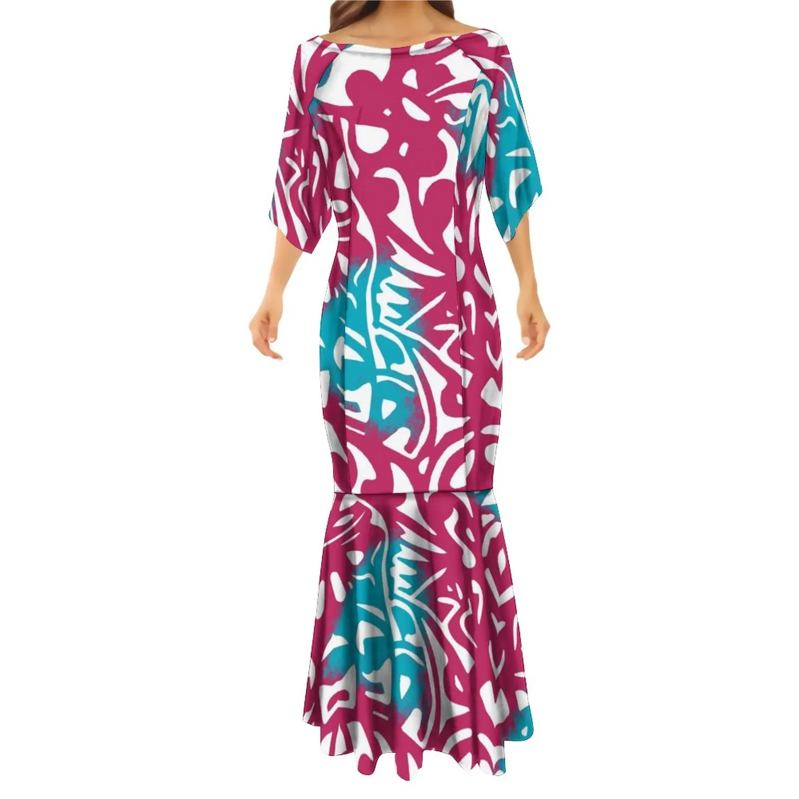 Samoan Women's Long Mermaid Dress Couples Dress Polynesian Tribal Custom Half Sleeve Personality Women Long Fishtail Dress