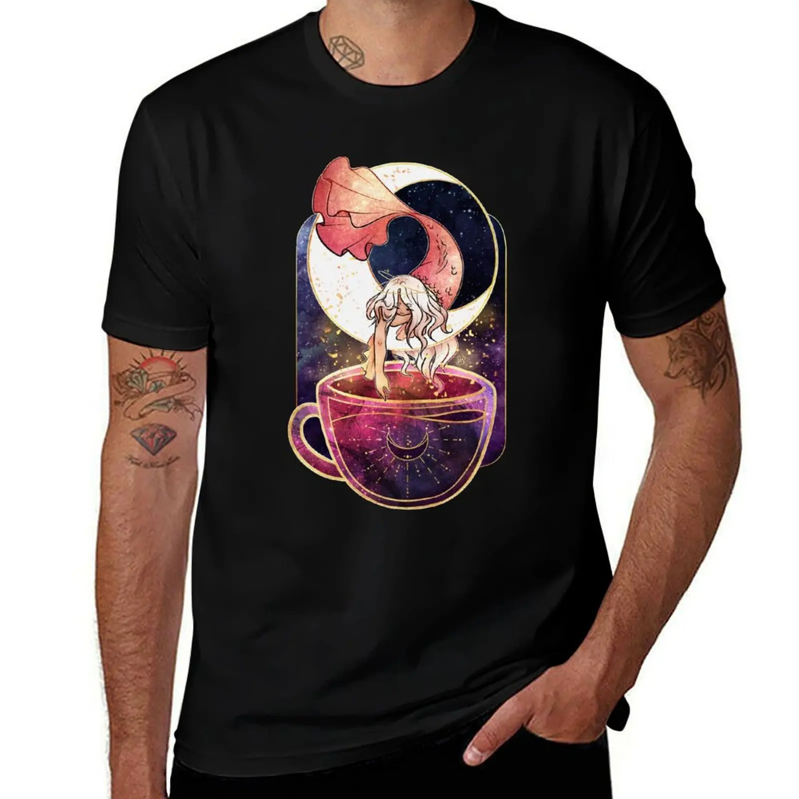 

Mermaid Teacup - Celestial Moon Mermaid T-Shirt Soft Casual Short Sleeve Cotton Tee