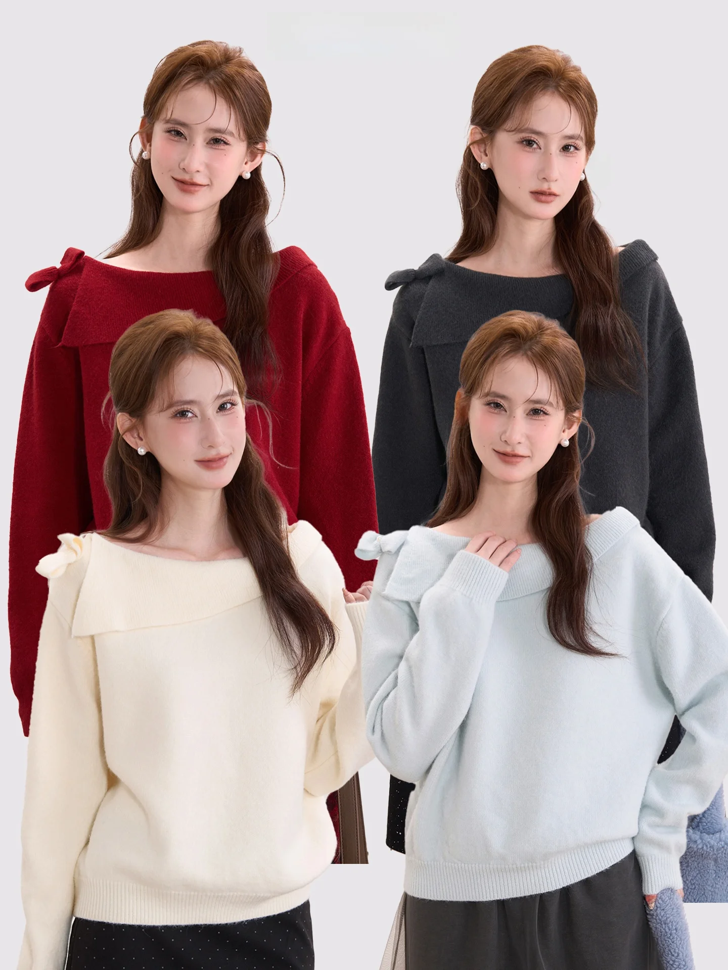 

Elegant Knitted Knot Sweater Women's Shoulder Bared Fashionable Autumn Winter Warm Pure Color Casual Loose Fit