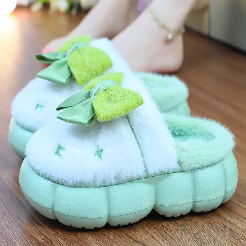 Women's warm home shoes platform fur slides women's green bowknot chunky mules elevator shoe New winter fluffy 6cm thick slipper