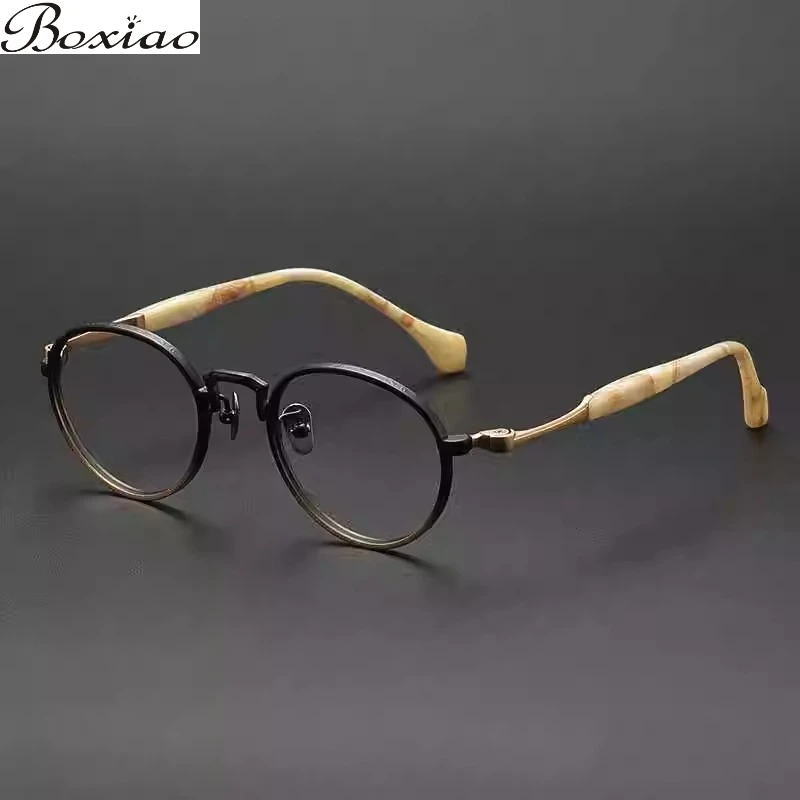 49MM Light Pure Titanium Retro Jade Tortoise Shell Color Round Frame Bronze Handmade Men's and Women's Myopia Glasses.