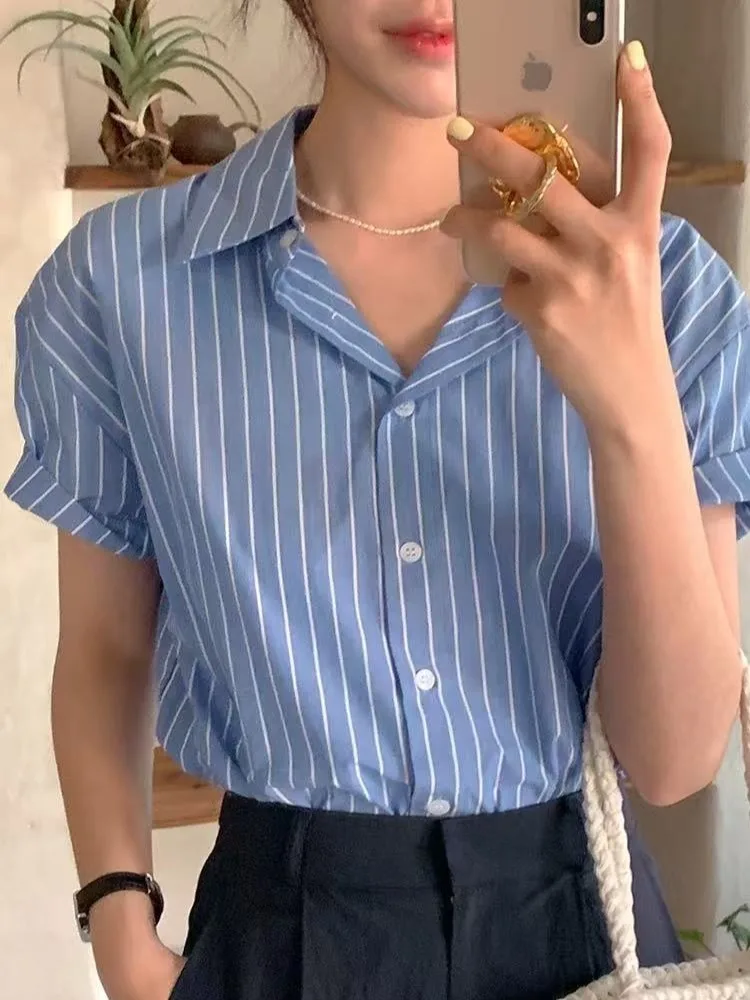 

Casual Stripe Short Sleeve Shirt Women's Single Button Korean Style Summer New Simple Top Casual Straight Tube Shirt