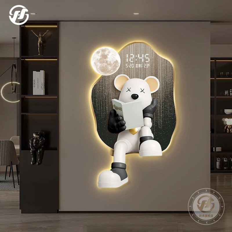 كريم نمط الفن نحت الديكور اللوحة العصرية العلامة التجارية الدب العنيف مدخل ساعة رقمية مضيئة اللوحة الخفيفة