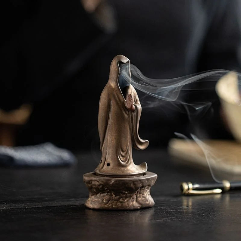Ceramic Incense Burner Faceless Buddha Incense Holder Mini Censer Zen Aromatherapy Furnace Tea Room Home Meditation Decor