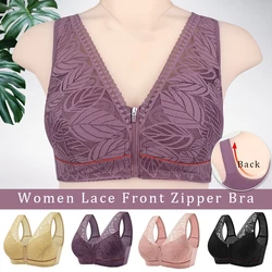 Front Zipper Women Bra Soft Cotton Cup Lace Plus Size Bralette Gather Lingerie Wireless Underwear Breathable Active Bra Tank Top