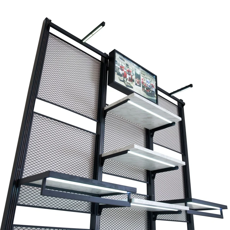 Custom, Apparel Clothing Store Display Stand Wall Mounted Clothing Display Rack Store Shelves with LED Light