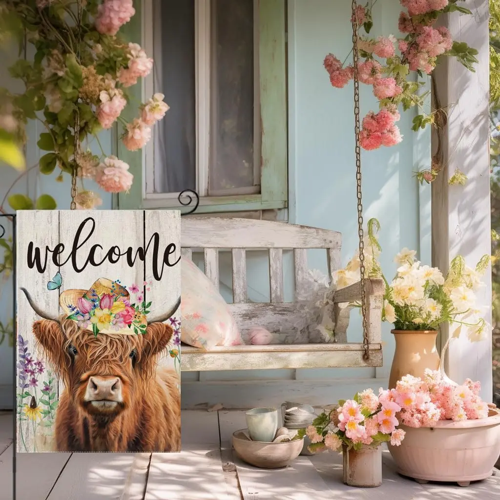 Welcome Summer Spring Garden Flags for Outside 12x18 Inch Double Sided, Highland Cow with Flowers Small Yard Decoration, Seasona