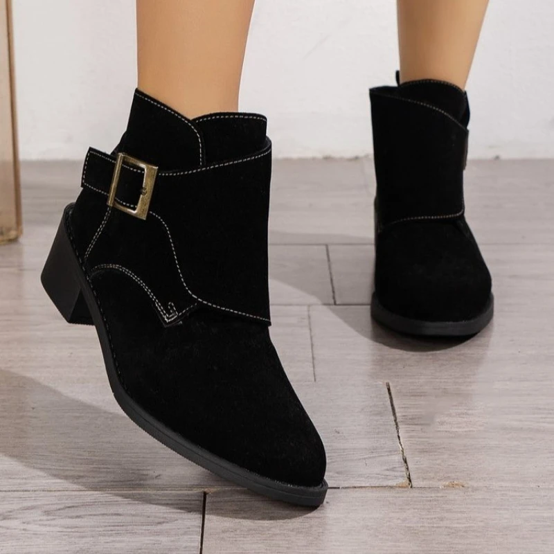 New Winter Classic Chelsea Boots for Woman Cow Suede Pointy Toe Wedge Heel Ankle Boots Simple Comfortable Cowboy Boots Female