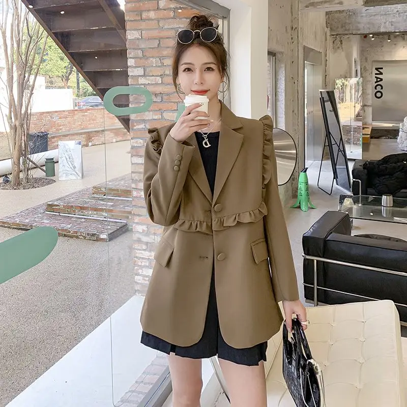 Hikigawa Autumn Long Sleeve Women Blazer Jacket Casual Chic Fashion Loose Ruffled Patchwork All Match Tailored Coats Ropa Mujer