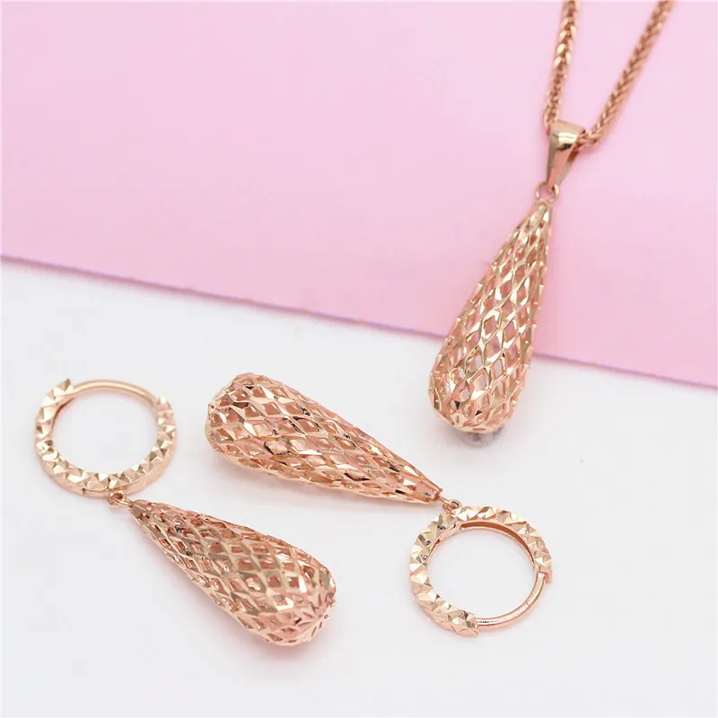 585 Purple Gold Fashion Openwork Water Drop Jewelry Sets Simple Romantic 14K Rose Gold Plated Earrings for Women Necklace