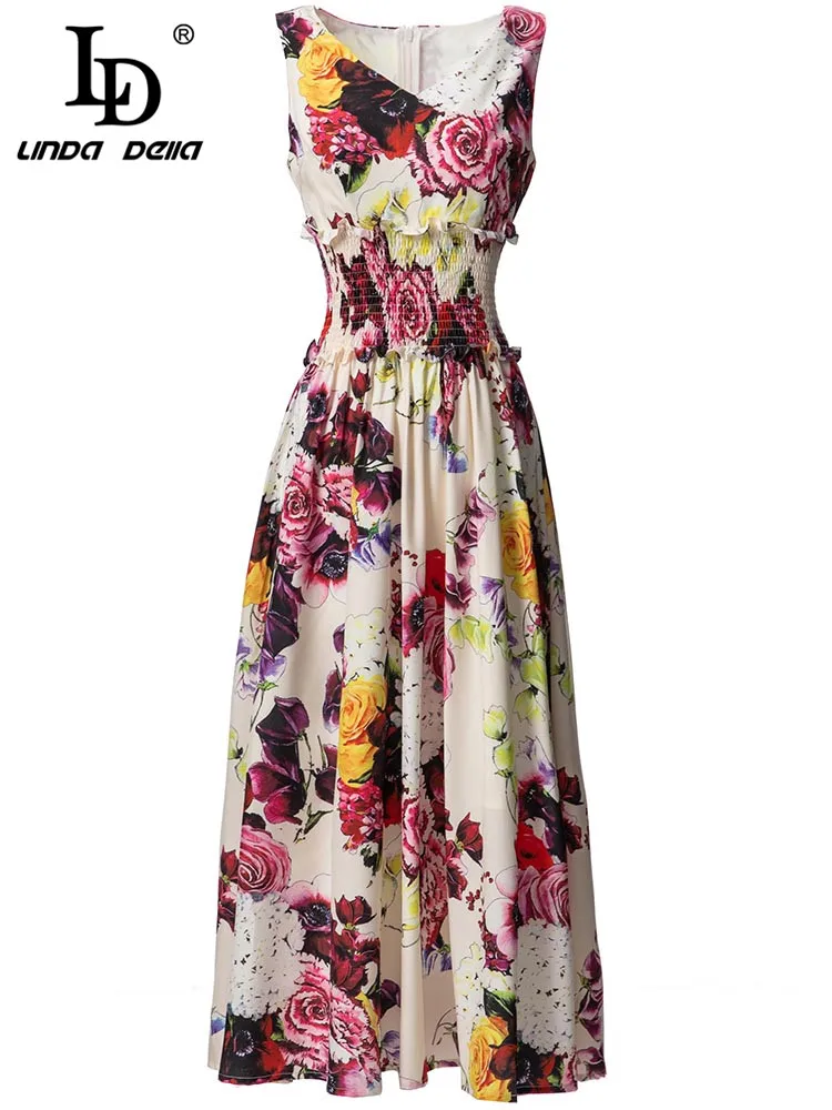 LD LINDA DELLA 2023 New Fashion Runway Summer Dress Women's High wais Floral print Sleeveless Vintage Slim Party Midi Dress