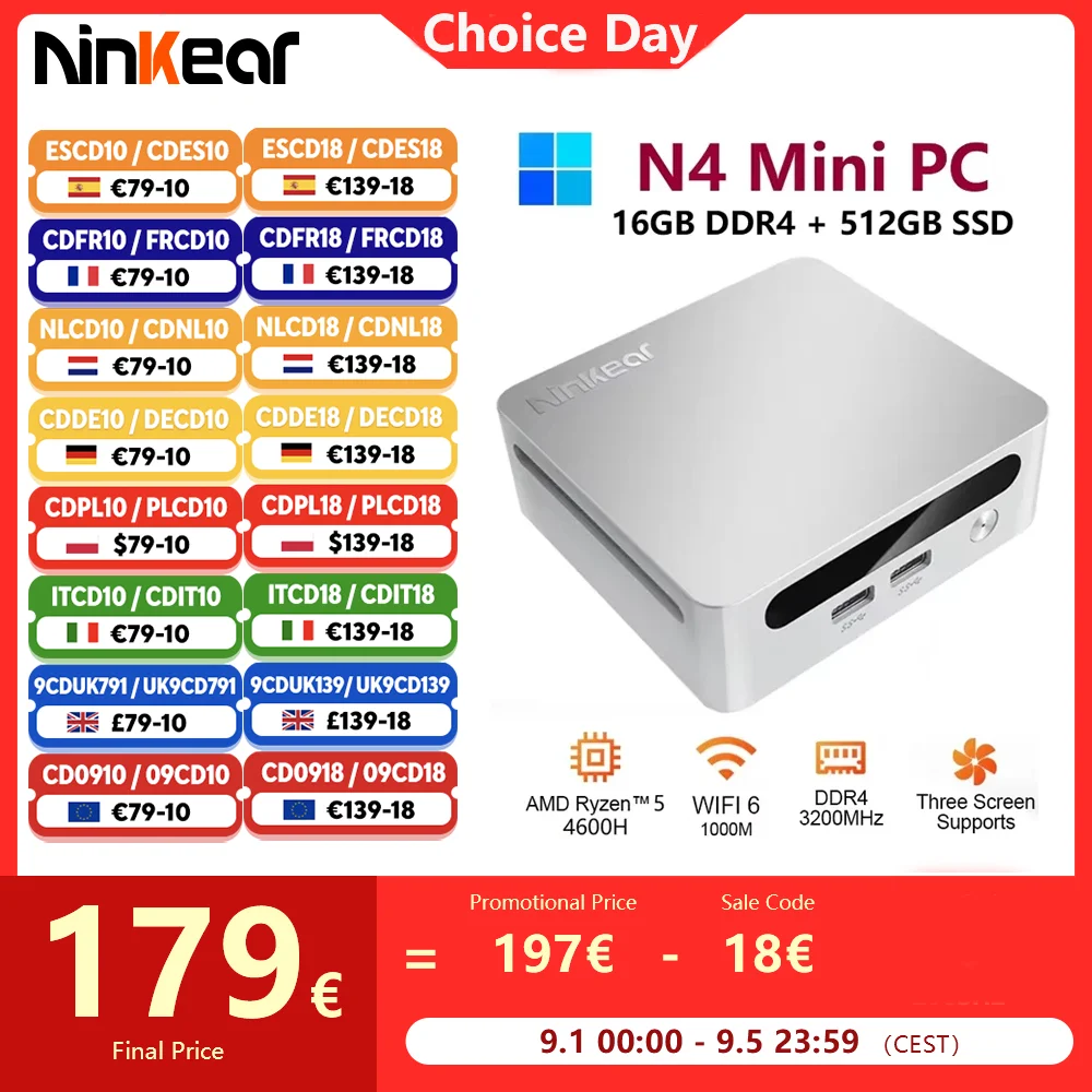Ninkear n4 mini pc amd ryzen™5 4600h bis zu 4,2 GHz 16GB DDR4 512GB SSD WiFi 6 BT 5,2 Unterstützung 8k 3 Bildschirm Windows 11 Computer