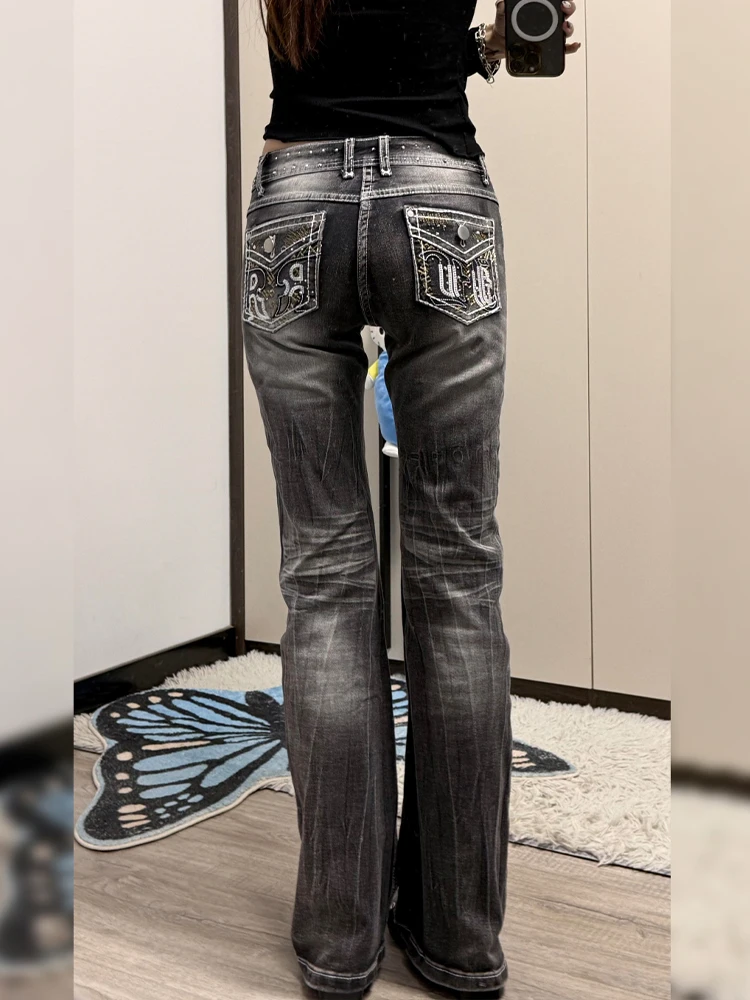 

Retro American Embroidered Low Waist Denim Jeans Women Spring New Y2K Millennium Spicy Girl Slim Floor-Length Pants