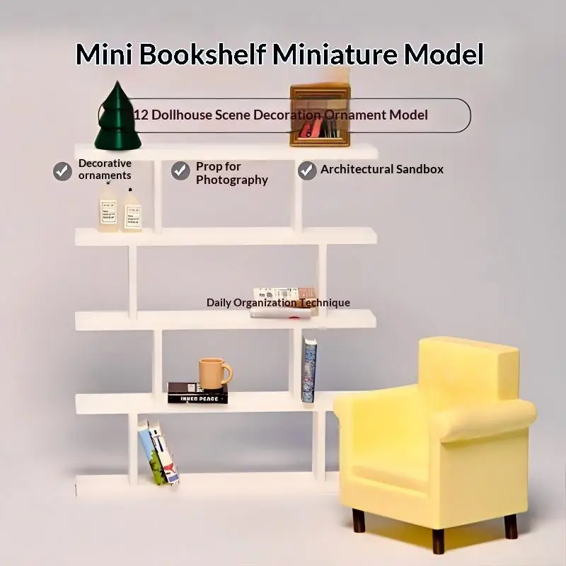 1/12 Miniature Dollhouse Bookshelf White Shelf Rack 1:12 Scale Doll House Furniture Bookcase Living Room Scene Decor DIY Craft