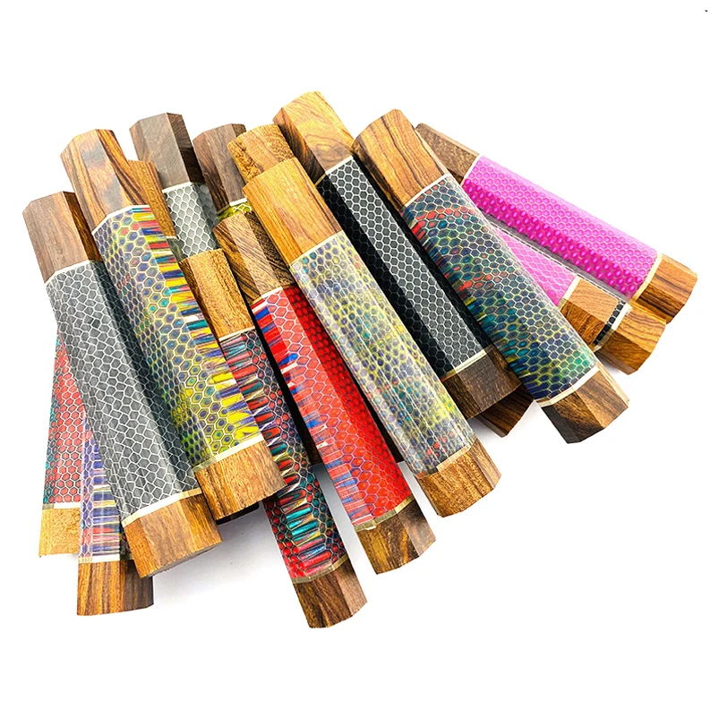 11 Types Large Sizes Resin MAHOGANY Wood Snake Skin Honeycomb Pattern Japanese Style Octagonal Wooden Kitchen Knife Handles DIY