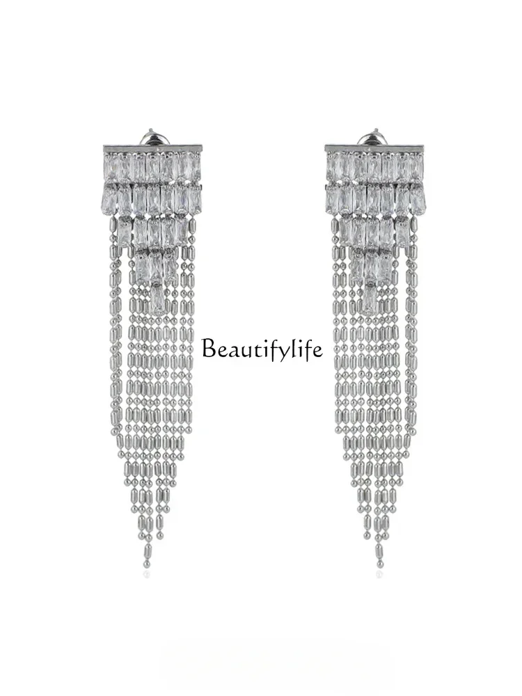 Two wear styles~ light luxury high-end fringed zircon earrings temperament earrings